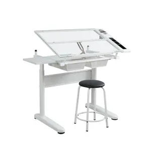 hand crank adjustable drafting  drawing desk with 2 metal drawers (white)WITH STOOL Height Adjustable Drafting , Glass Art  with Stool and Storage, Tiltable Tabletop Multifunctional Art Craft Desk Drawing  for Adults Artists Student slab monitor desk