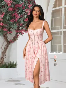 Backless Smocking Floral Print  With pockets Split A-line Bodycon Dress,Dresses for Summer Vacations and Casual Outings SpringStatements