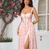 Parthea Women's Fitted Woven Backless Smocking Floral Print Leg-Split A-Line Dress with Pockets - Resort Wear for Women, Party, Summer Vacations, Casual Outings