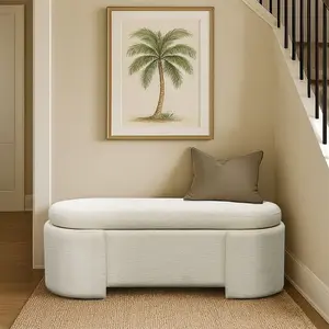 Martha Stewart MT105-0188 Fully Upholstered Oval Storage Bench with Soft-Close Lid, Ivory - One Size, 400Lb, Gentle Curve