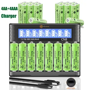 Intelligent battery charger, equipped with 8 AAA/AA batteries or 4AA+4AAA intelligent LED screen battery charger, suitable for NI-MH/NI-CD batteries, 8 independent black chargers for AA AAA rechargeable batteries