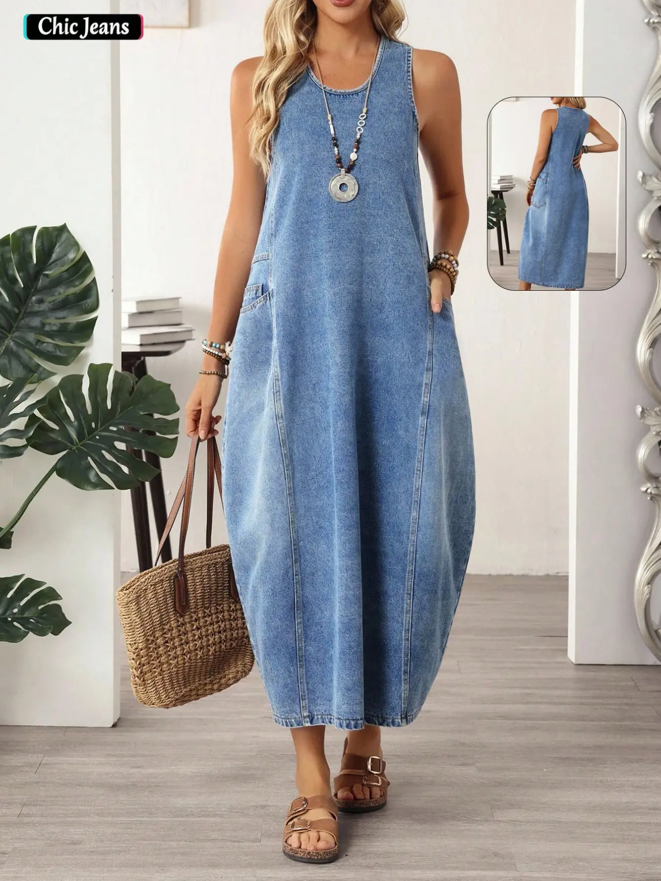 Women's Boho Style Denim Long Dress, Loose-Fit Sleeveless Design with Pockets, Perfect for Casual, Vacation & Summer Wear, Comfortable & Versatile