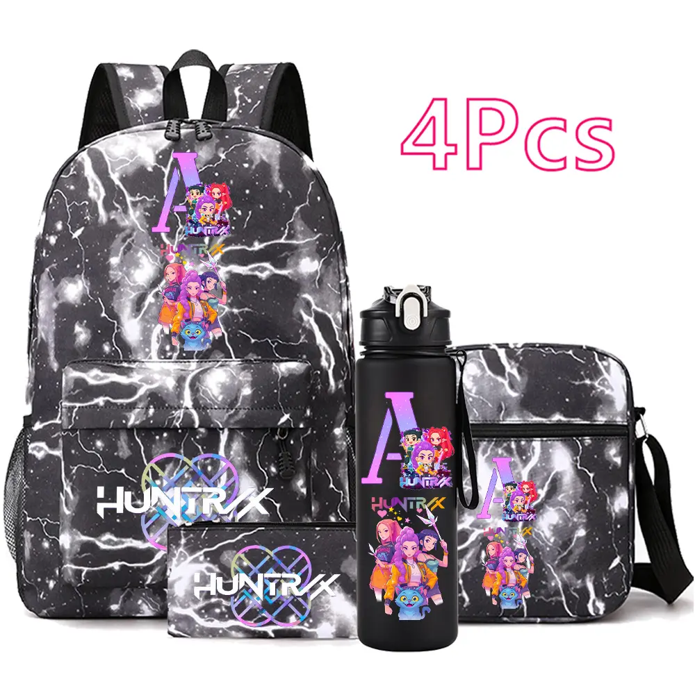 K-Pop Demon Hunters Alphabet School Backpack Set for Girls - Black Marble Lightning Letter A-Z Anime Bookbag 4PCS Bundle with Lunch Bag, Pencil Case & Water Bottle