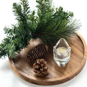 11.5 Inches Candle Holder Tray Home Decor, Round Wood Tray for Coffee Table, Small Wooden Serving Decorative Trays for Home