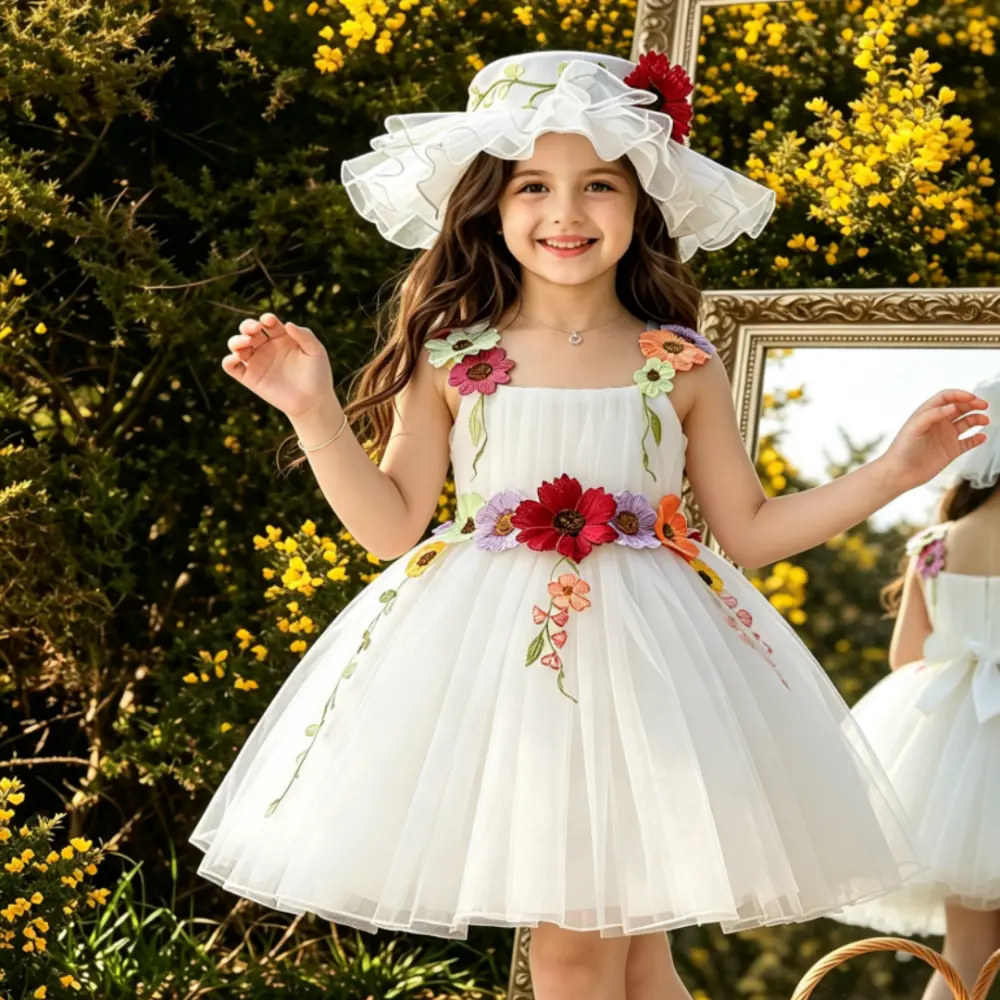 6058 (Skirt + Hat) Kids Girls black dress with printed design elegant princess dress suitable for prom photography