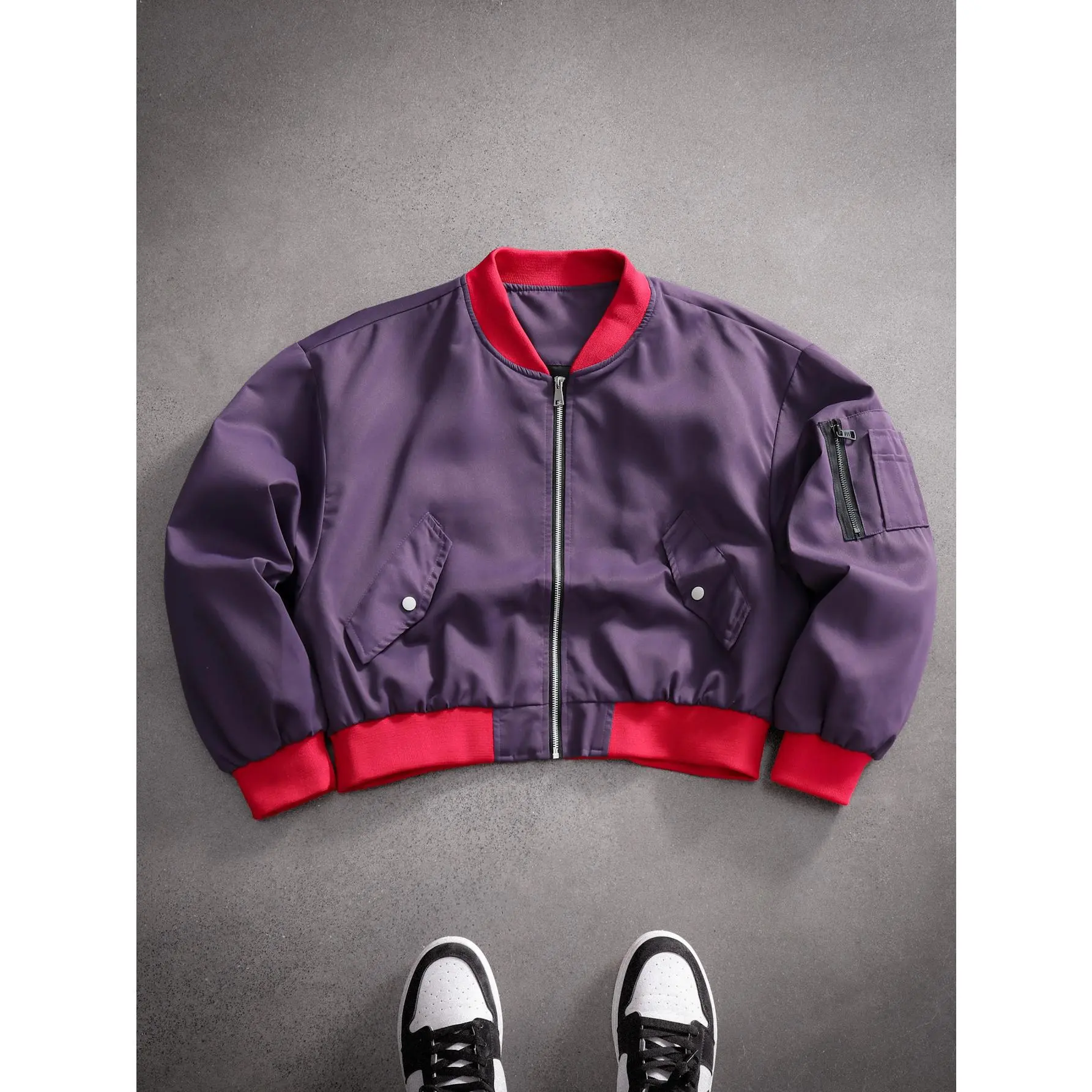 Men’s Purple Ribbed Bomber Jacket with Red Trim, Oversized Retro-Inspired Windbreaker Tops with Cargo Pocket & Zippers, Cropped Zip-Up Coat for Teens, Bold Edgy Vibe Casual Daily Wear
