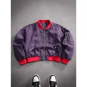 Men’s Purple Ribbed Bomber Jacket with Red Trim, Oversized Retro-Inspired Windbreaker Tops with Cargo Pocket & Zippers, Cropped Zip-Up Coat for Teens, Bold Edgy Vibe Casual Daily Wear