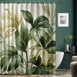 [Leaf Pattern Curtain] 1pc Luxurious Leaf Pattern Shower Curtain with Hooks - Elegant Green and Beige Design Durable Polyester Machine Washable Perfect for Bathroom Decor and Home Accents Bathroom Decor and Accessories