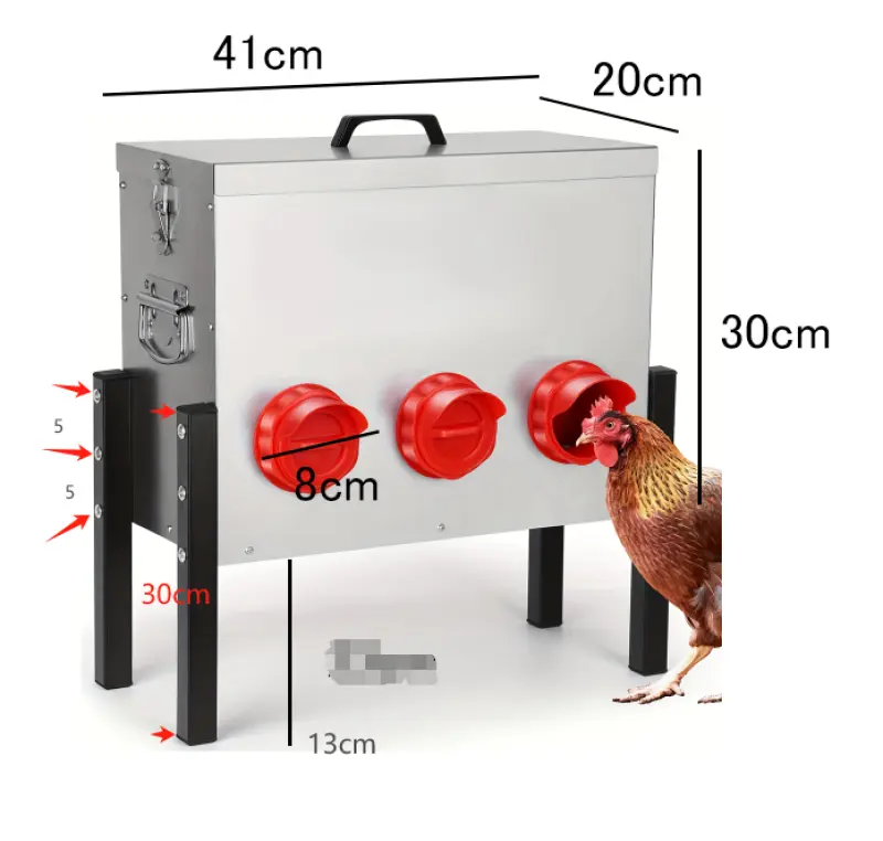 Automatic Chicken Feeder Box , 6 Feeding Ports, No Waste Poultry Feeder with Locking Lid and Adjustable Legs for Chickens, Ducks,