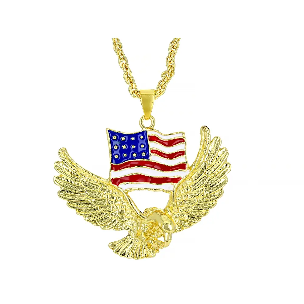 JTV Red, White & Blue Enamel Gold Tone Patriotic Eagle Pendant With 24" Chain