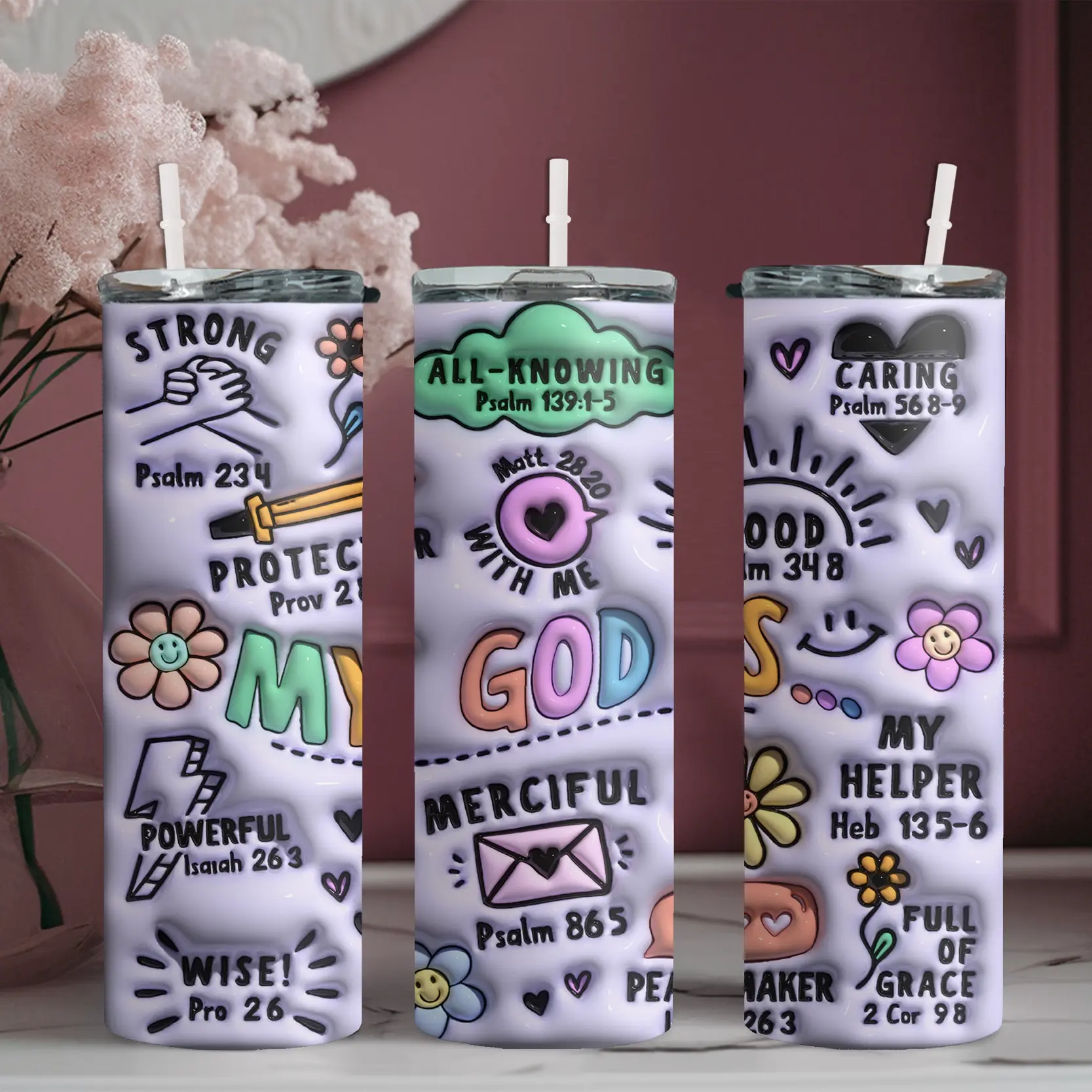 20oz stainless steel water bottle with straw, My God is Almighty and Loving Design skinny tumbler, suitable for fitness, travel, driving, and daily use at home. A great gift for family and friends | 1pc