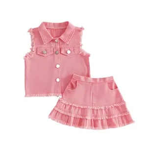 Toddler Girls Denim Outfit Solid Color Button Down Vest Tops and Pleated Skirts Set 2Pcs Summer Clothes