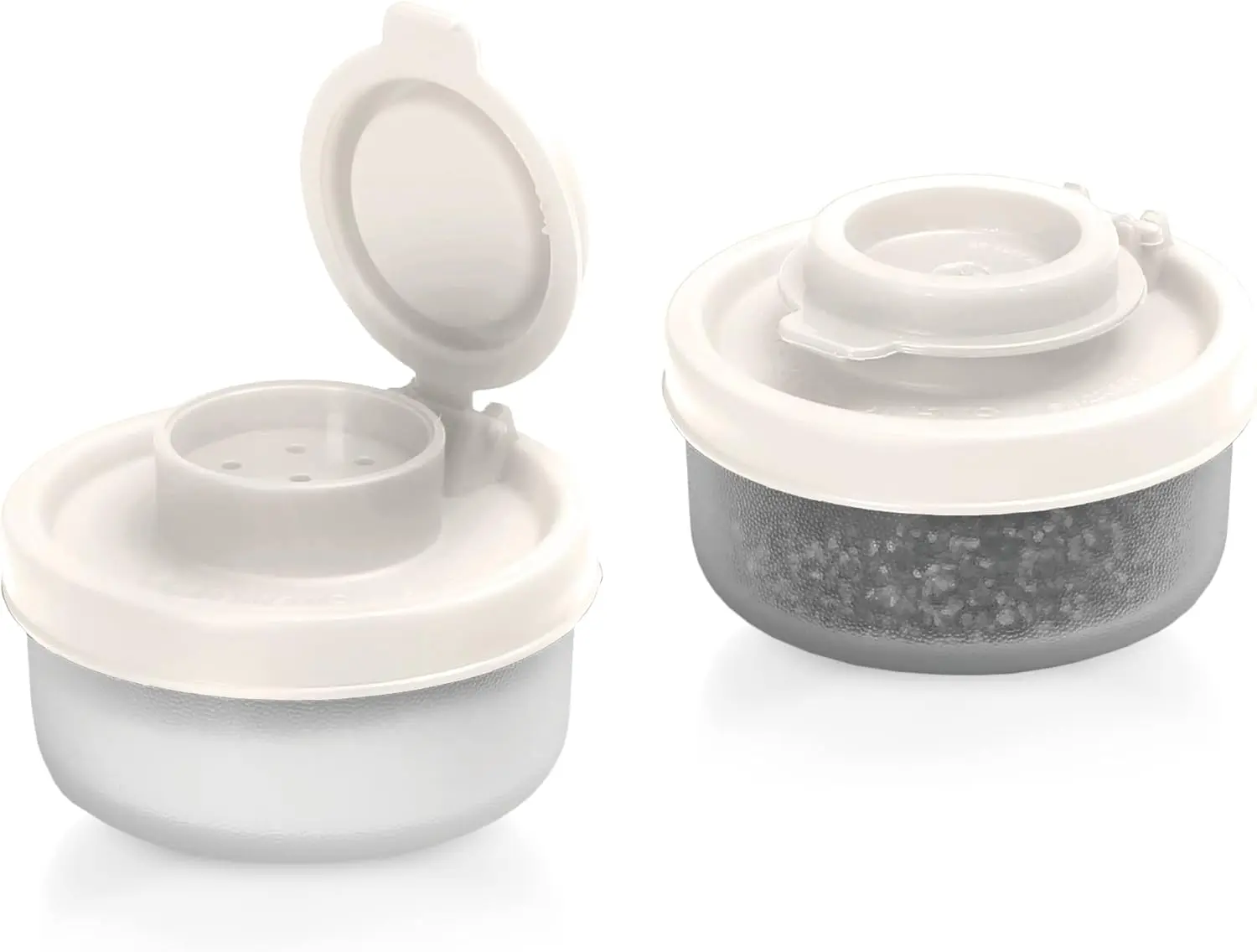 Salt and Pepper Shakers  Proof Set of 2 Small Mini Salt Shaker to go Camping Picnic Outdoors Kitchen Lunch Boxes Travel  set Clear with White Covers Plastic Airtight Dispenser