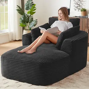 Chaise Lounge Sofa Indoor, Oversized Chaise, Comfy Corduroy Couch Boneless Chair, Oversized Lounge Chair with 3 Pillows, Reading Couch for Living Room, Bedroom, Apartment (Black)