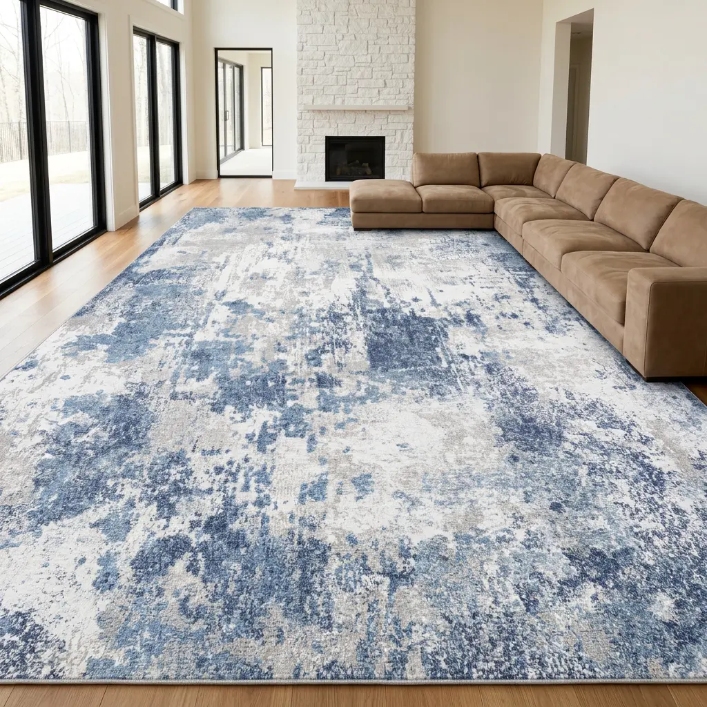 RUGIXE Faux Cashmere Sponge Back Washable Blue Abstract Area Rug 5x7 6x9 8x10, Soft Comfortable Rebound Low Pile Non Slip Rug, Foldable Machine Washable Carpet for Living Room Bedroom