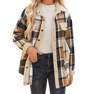 Women's autumn thin coat long sleeved casual lapel boyfriend button style plaid woolen jacket with pocketsRAIMENTRY