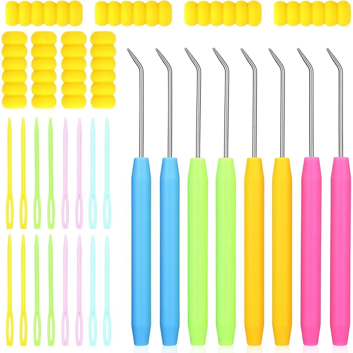Knitting Loom Hook with Soft Grip, Loom Knit Hook Set, More Comfortable Looms Knitting, 8PCS Longer Crochet Hooks Stainless Steel Yarn Hooks with 16 Sewing Needles for Knits Looms & Boards