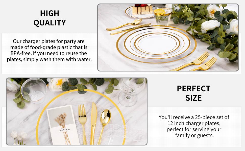 15 Pack Reusable Plastic Clear Charger Plates with Gold Rim, 12-Inch, for Dinner, Wedding, Party, Event Table Decoration, Clear&Gold