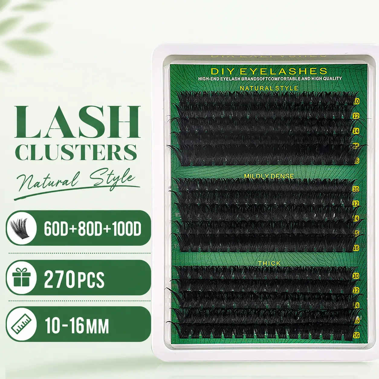 DIY Cluster Eyelash Extensions 270PCS 10-16mm Mix D Curl | Soft Natural Wispy Fluffy Volume Lash Clusters (60D+80D+100D Density Mix) Single Cluster Eyelashes Refill (No Glue No Tweezers No Box Included)