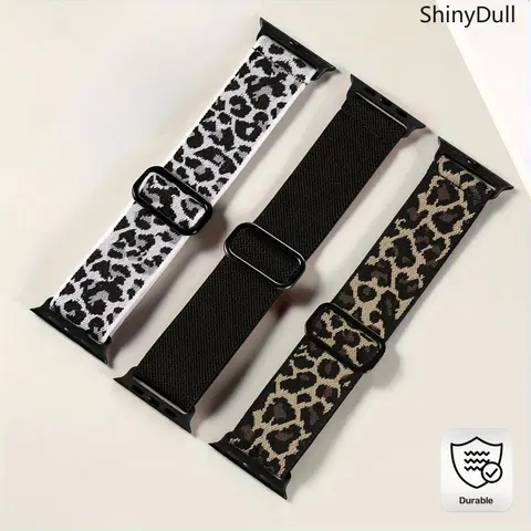 3-Pack Elastic Nylon Smartwatch Straps, Adjustable Solo Loop Wearable Accessories, 38-49mm Sizes (Leopard & Solid Colors), Nylon Strap Set 1 for Sports Use