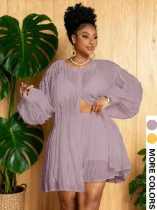 Plus-Size Textured Two-Piece Set Featuring A Lantern-Sleeve Turn-Down Collar Top and High-Waisted Shorts—An Elegant Casual Outfit Suitable for All Seasons, Perfect for Everyday Wear and Vacations/Dates.