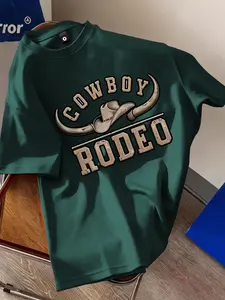 Men’s Cowboy Rodeo Western Vintage Printed Tee, Loose Fit Breathable Casual Top, Unisex Short Sleeve Shirt for Daily Wear
