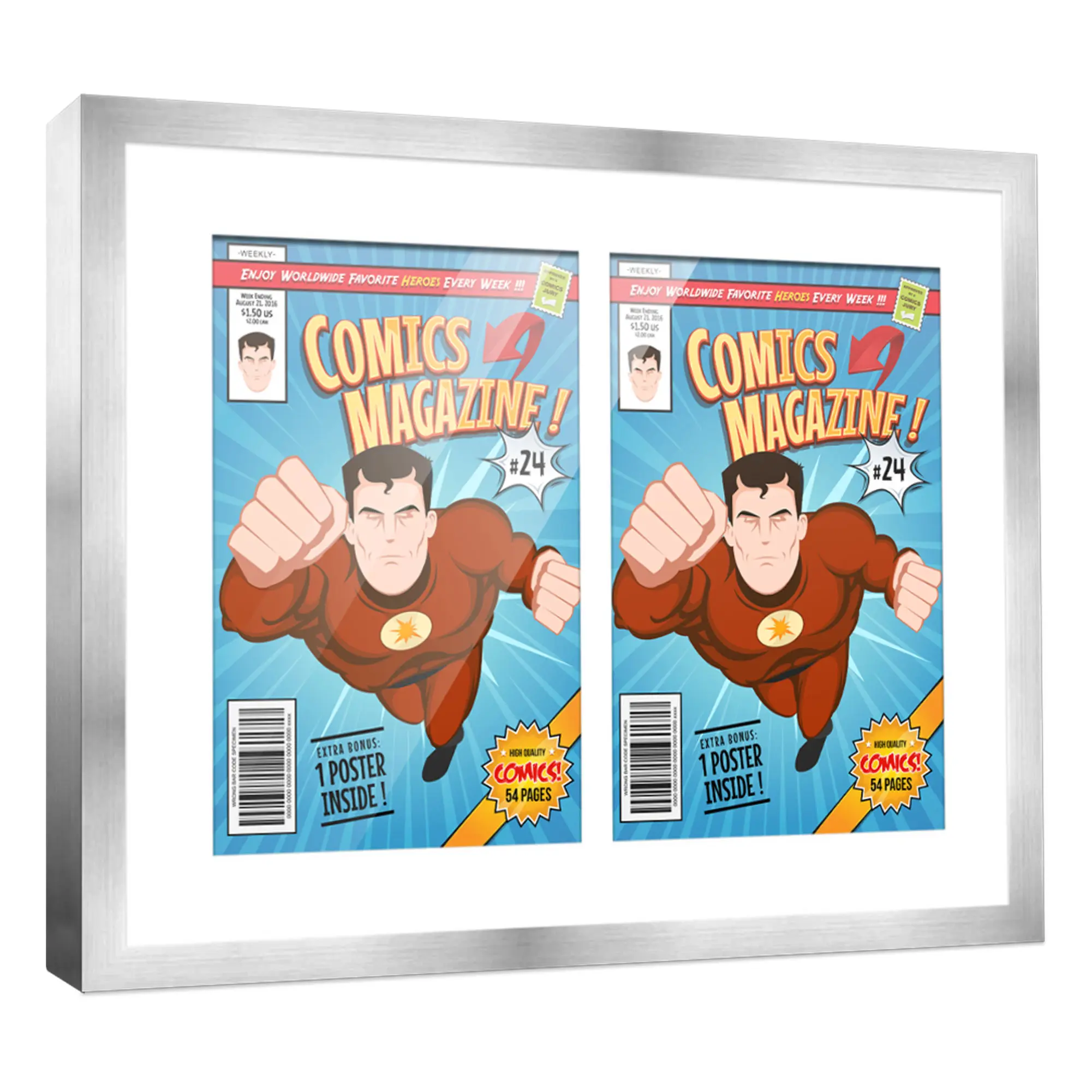 Comic Book Frame with Mat for 2 Silver Age Comics Published Between 1956 and 1970 - Silver Wood Comic Frame With White Mat for 7.125x10.5 Comics - 14x18 Frame Size