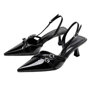 Women's Glossy Pointed-Toe Slingback Heels with Metal Buckle Accent Adjustable Strap Elegant Slim Stiletto Heel for Versatile Occasions Black Kitchen