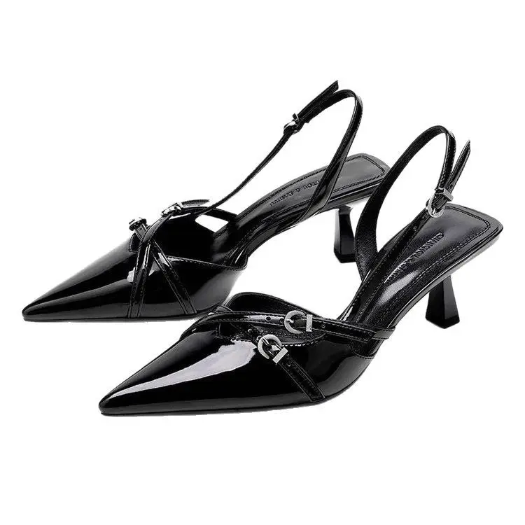 Women's Glossy Pointed-Toe Slingback Stiletto Heels - Shiny Upper Shoe, Adjustable Metal Buckle Strap, Elegant Slim Footwear for Versatile Wear Occasions (Black)