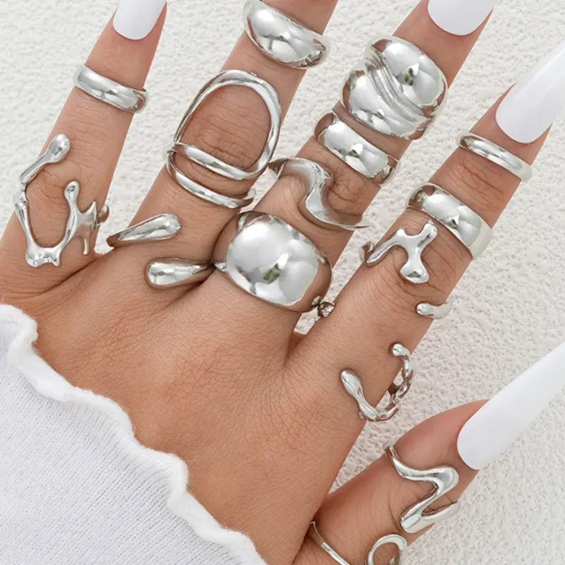 15pcs Punk Geometric Open Rings Set, Exaggerated Irregular Silver Color Thick Chunky Design, Hip Hop Jewelry Gift for Women, Punk Style Ring, Statement Rings, Fashion Stackable Rings, Stacking Rings, Stackable Rings