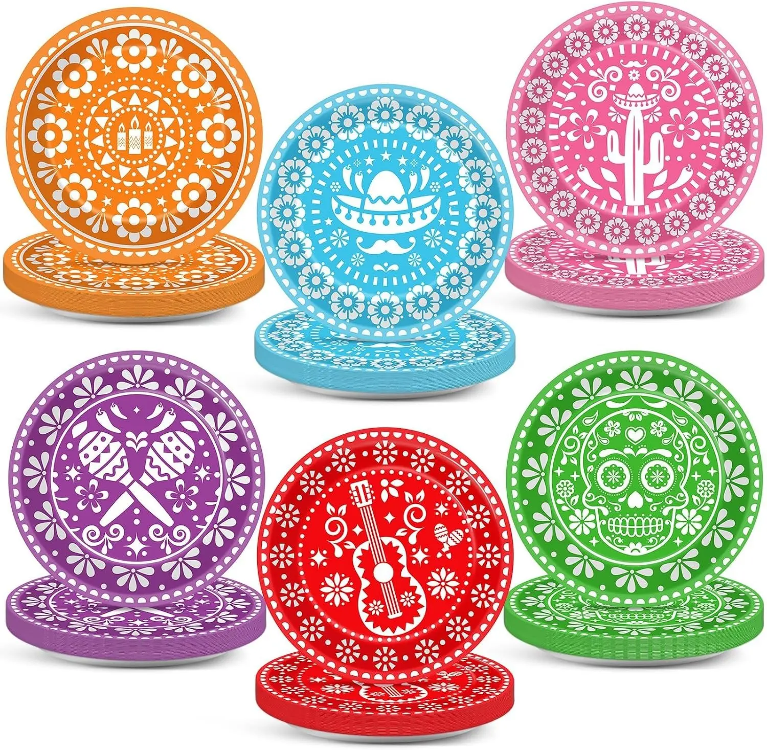 60 PCS 7in Mexican Fiesta Disposable Paper Plates Colorful Tableware for Fifth De Mayo Day of The Dead Mexico Party Decorations Dinnerware