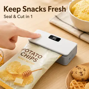 Keep Snacks Fresh – 2-in-1 Rechargeable Mini Bag Sealer with Cutter, USB-C Food Bag Sealer with 6 Heat Levels, Digital Display & Magnetic Fridge Storage for Snacks, Coffee, Tea & Kitchen Bags