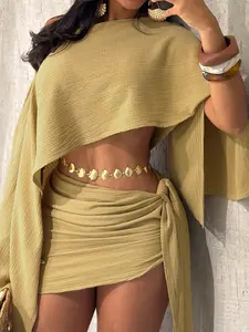 Elegant H742 Beach Vacation Set, Womenswear Breathable Asymmetrical Neckline Top & High-Waisted Skirt, Stylish Sexy Design