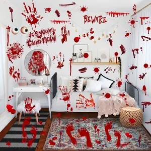 FRSHALOUIS 84pcs Halloween Window Stickers, Bloody Handprints Footprints Skull Design, Scary Wall Floor Decor for Halloween Parties
