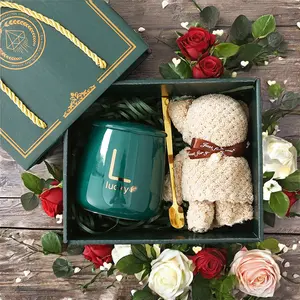 Aesthetic Dark Green Lucky Coffee Mug Gift Set, Cute Bear Towel & Gold Spoon, Cozy Home Essentials, Thoughtful Gift for Women, Birthday, Mother's Day, Self Care Gift for Her