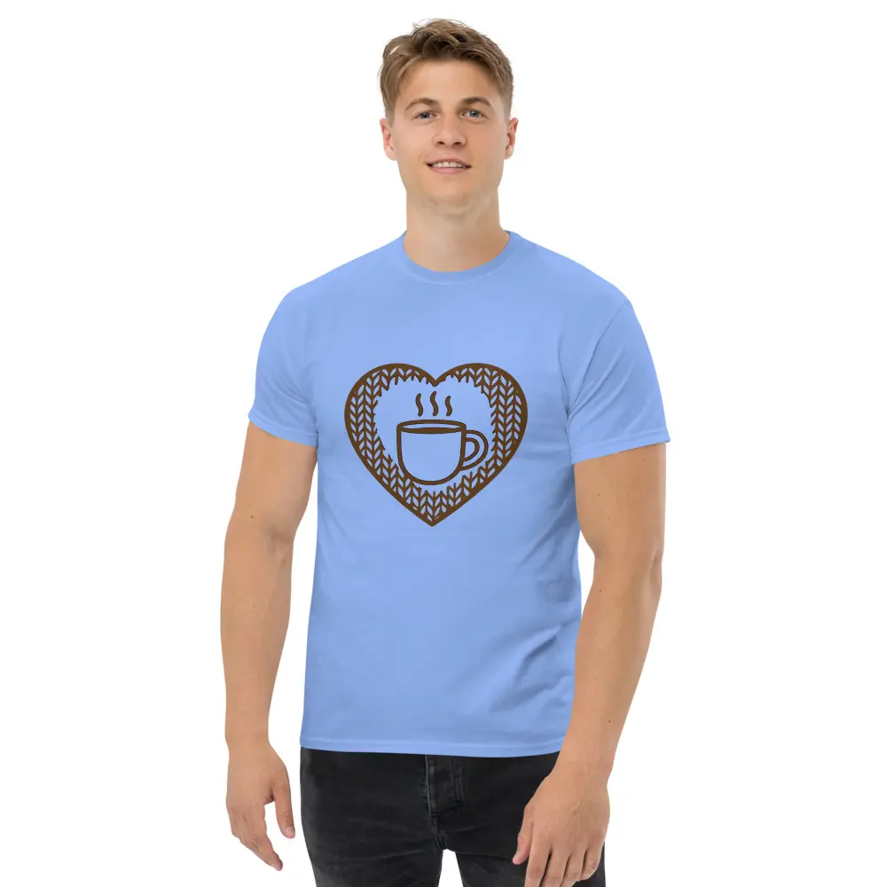 Men's Natural Cotton Coffee Theme Heart Motif T-Shirt - Classic Streetwear Short Sleeve Round Neck Top with Double Seams & Stitched Hem