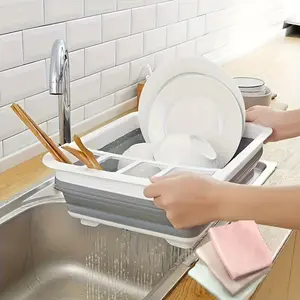 Foldable Drainage Storage Bowl Rack with Multi-Grid Utensil Holder, Durable Kitchen Countertop Organizer, Multifunctional Plate Storage, All Seasons Use