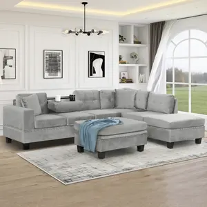 105" Modern Sectional Sofa with Storage Ottoman, L-Shape Couch with 2 Pillows and Cup Holders, Sectional Sofa with Reversible Chaise for Living Room