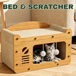 EcoJoy Pets 2-in-1 Wooden Cat House & Scratcher - 22" Double Layer Cat Condo - Sturdy Cat Furniture, Bed & Scratching Post for Indoor Cats