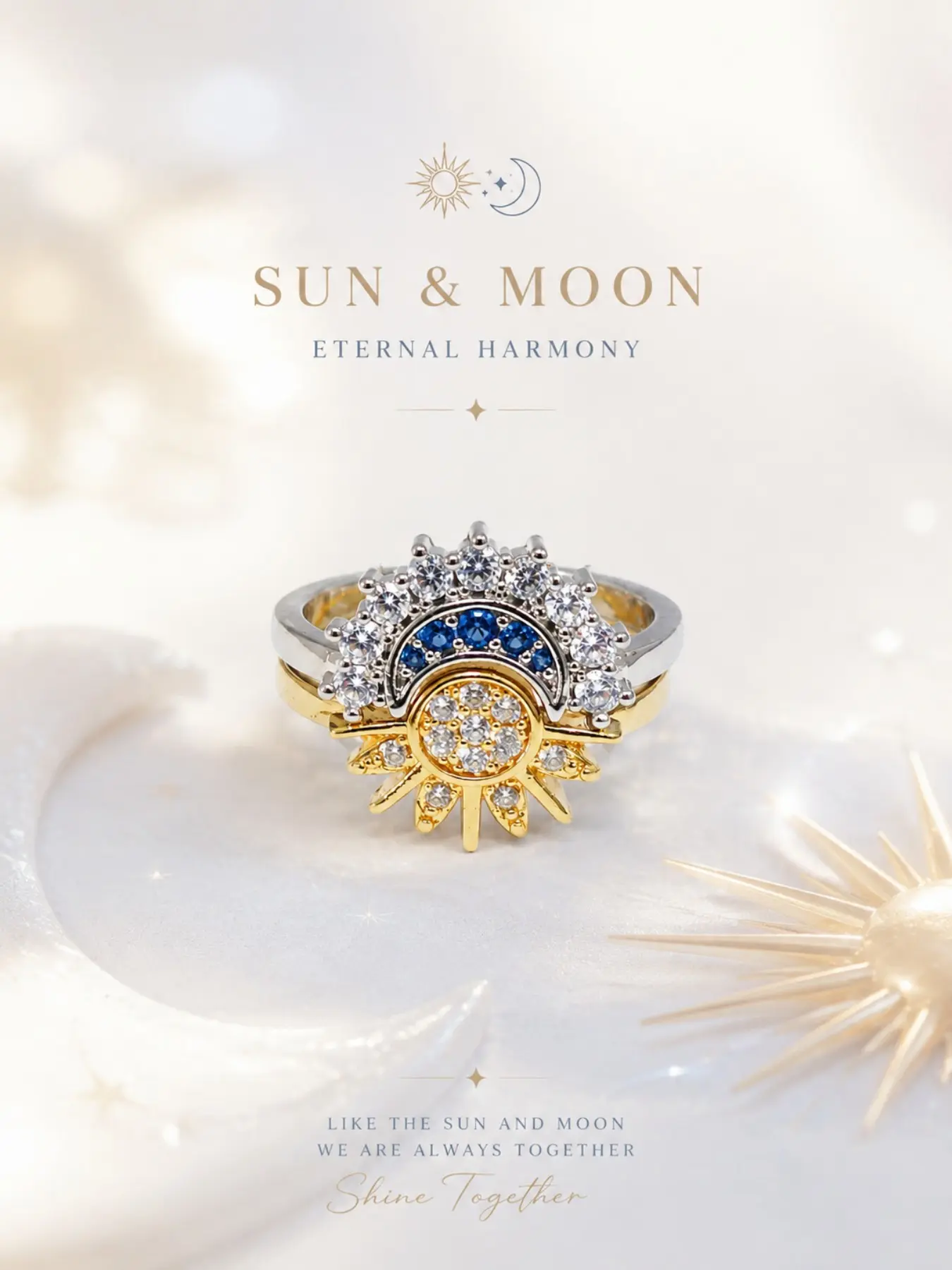 Two Tone Sun and Moon Split Shank Ring, Paved Blue Rhinestone, Boho Style, Vintage Celestial Jewelry, Women's Promise Ring Gift, Matching Promise Rings