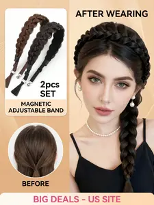 2pcs Adjustable Braided Hairband With Magnetic Closure, Thick Synthetic Wig Headpiece, Quick Hair Styling Accessories
