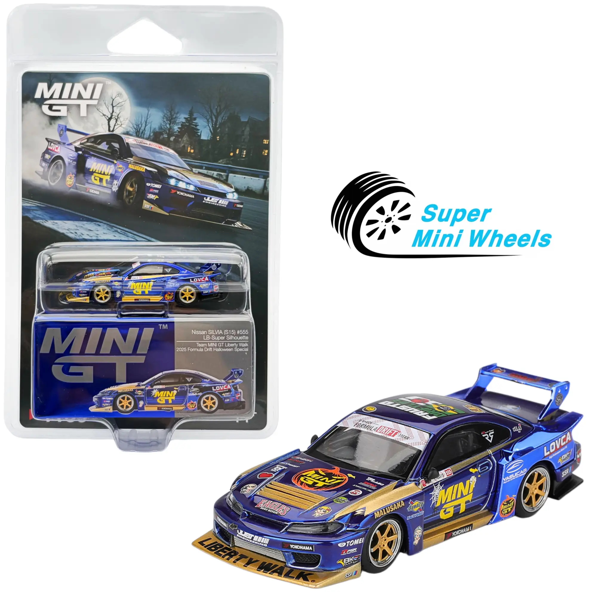 Mini GT 1:64 Nissan LB-Super Silhouette S15 SILVIA #555 Team MINI GT Liberty Walk 2025 Formula Drift Halloween Special – Chrome Blue #1185