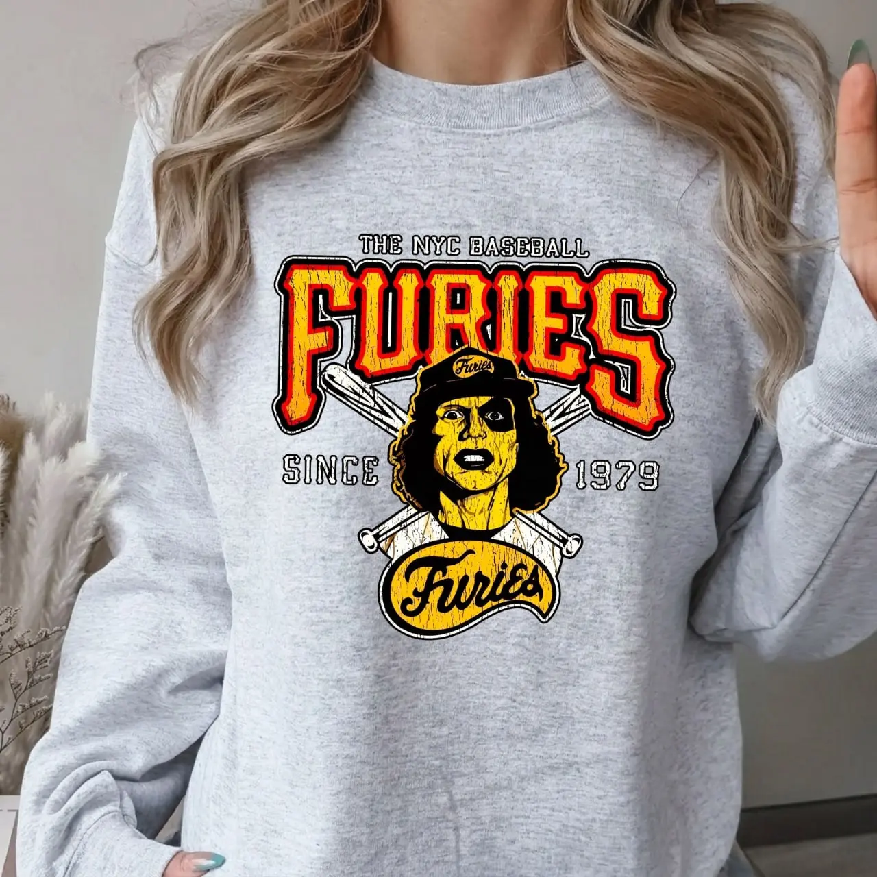 Women's Cotton Crew Neck Graphic Print Pullover Sweatshirt - The Warriors 1979 NYC Baseball Furies Vintage Cult Film Fan Top, Made in USA