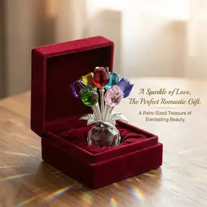 Colorful K9 Crystal Rose Flower Figurine with Vase Bouquet, Handmade Glass Decorative Ornament, Romantic Gift for Women, Home Table Decor with Box, Mother's Day Desk Accent tiktokshopspringglowup