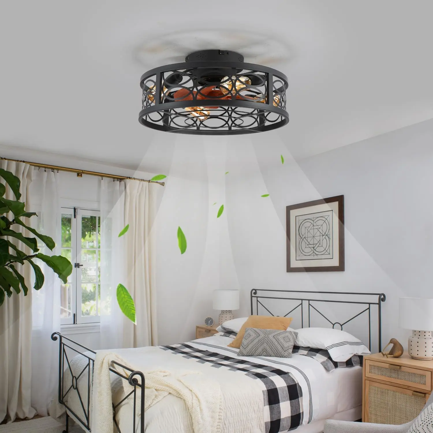 20 Inch Caged Ceiling Fan with Lights and Remote, Low Profile Flush Mount Fandelier with 4 E26 Bulbs, 3 Speed Reversible Quiet Ceiling Fan, Matte Black Farmhouse Ceiling Fan Light Fixture for Bedroom Living Room Dining Room Kitchen