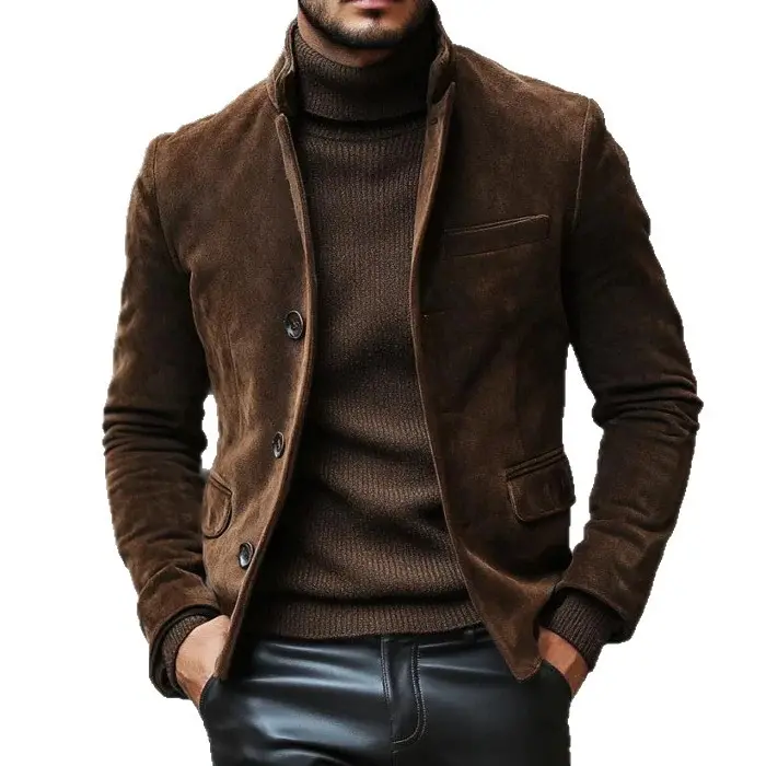 2026 New Retro Suede Menswear Work Jacket - Men's American Casual Single Breasted Blazer, Cotton-Polyester Blend, Loose Fit, Solid Dark Brown, Long Sleeve with Pocket, Retro Look