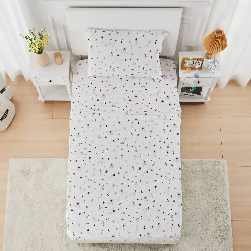 Twin Jersey Sheet Set - Celestial Garden Design, Jersey Fabric, Sky Pattern, Stars Motif Bedding Set