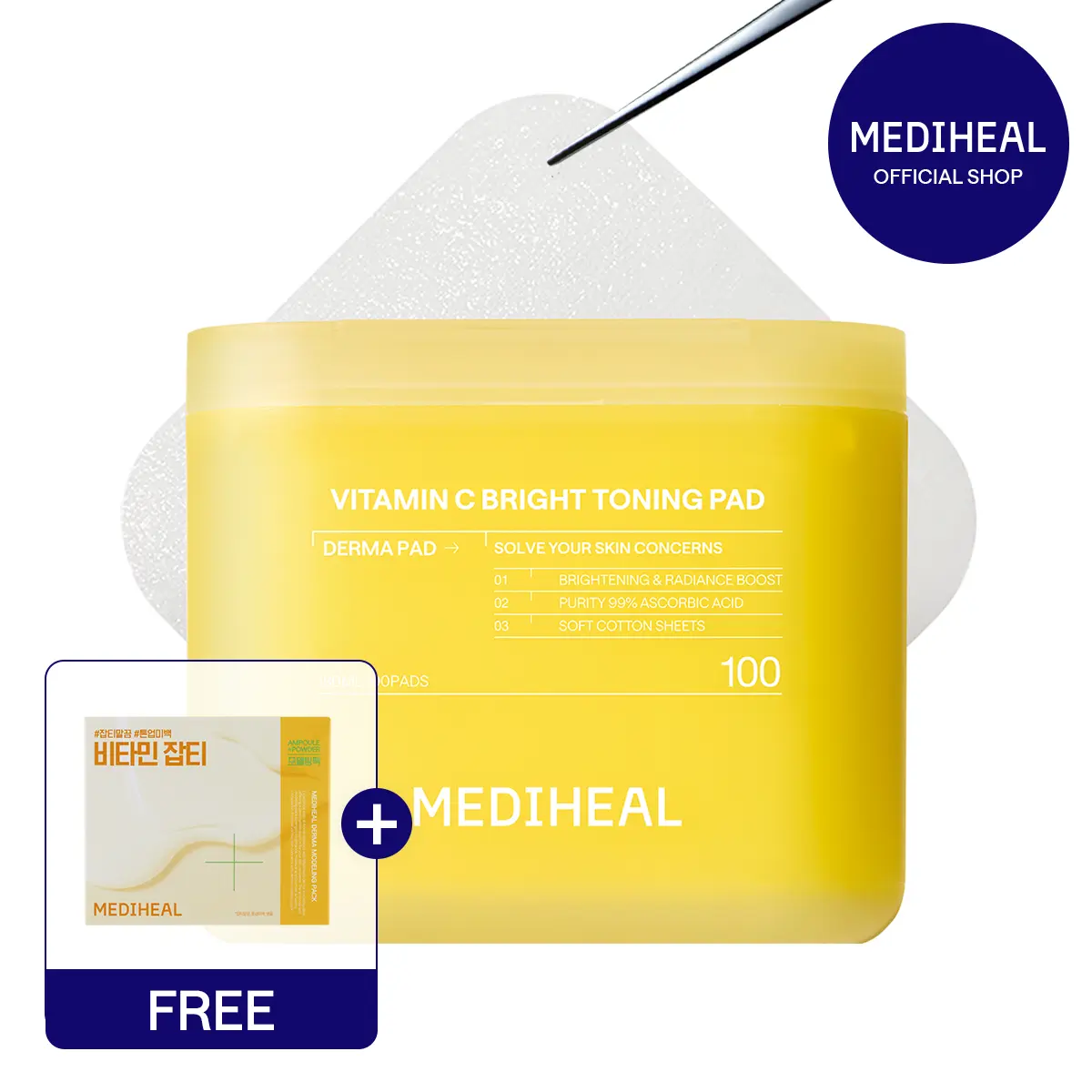 [MEDIHEAL] Vitamin C Bright Toning Pad (100 pc) | 7 Vitamin Complex + Glutathione & Niacinamide | Up to 30.57% Greater Tone Improvement with Vitamin Serum | Brightening, Glow & Dark Spot Care | Large Stretchable Square Pads | Korean Skincare
