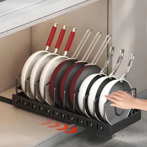 1 Pack Pull Out Pot And Pan Organizer Under Cabinet Slide Out Pot Lid Organizer With 10 Adjustable Dividers Sliding Pan Holder Storage Rack Inside Cabinet For Kitchen Black Set Lightweight Stainless Steel