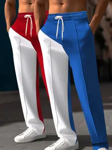 Men's Patchwork Print Pants, Casual Comfy Breathable Trousers for Spring & Fall, Men's Bottoms for Daily Wear, Sports Casual Pants